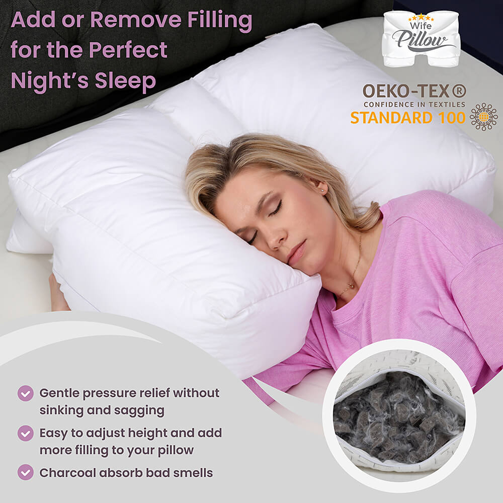 Customize your Wife Pillow with extra plush yet firm charcoal memory foam for quality sleep.