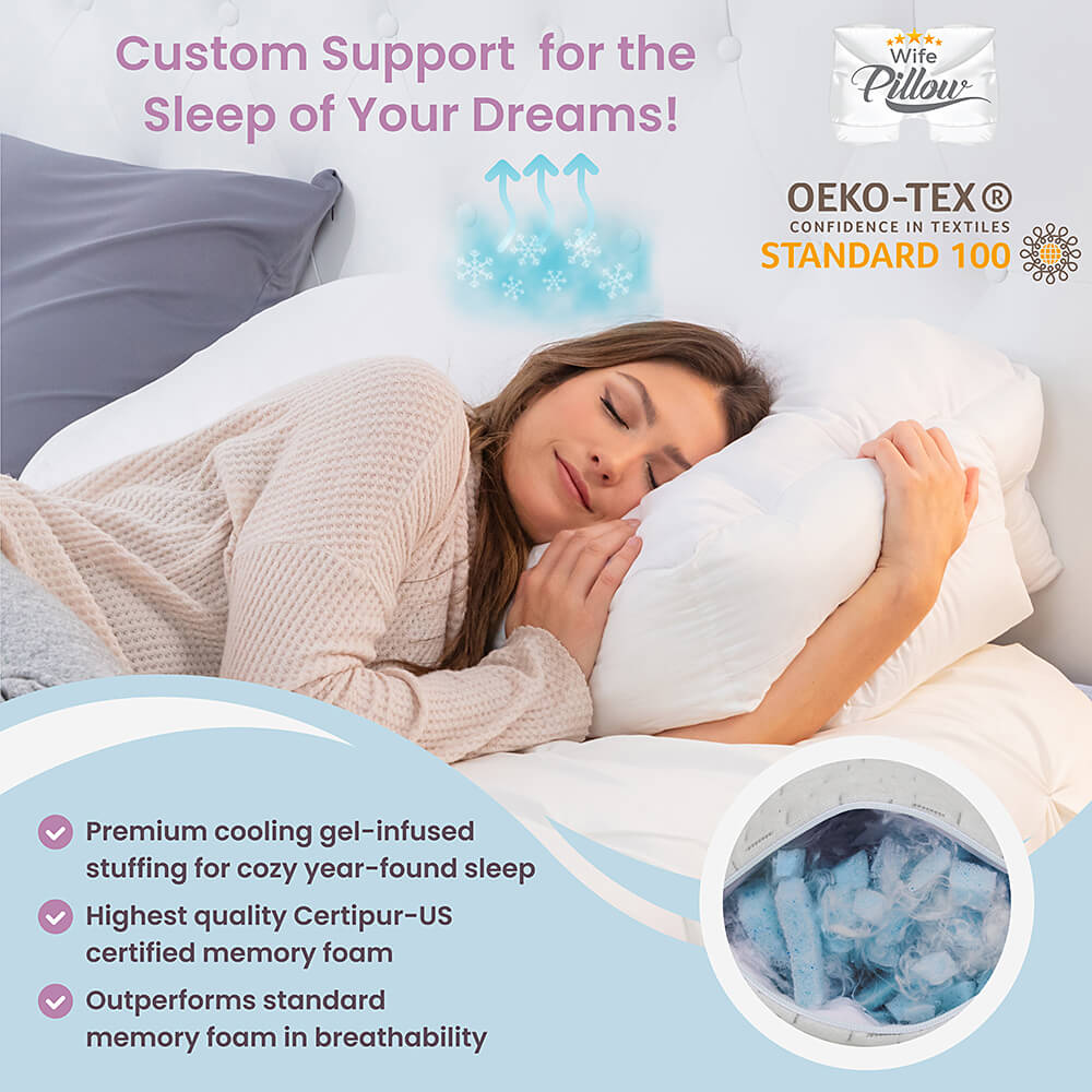 Elevate sleep quality with customizable Wife Pillow featuring CertiPUR-US Premium Shredded Memory Foam Cooling Proprietary Blend.