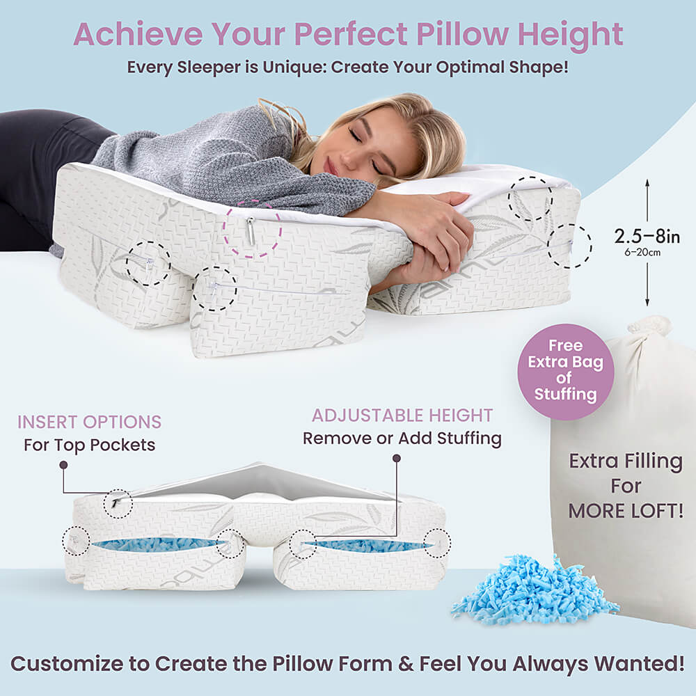 Customizable firm and cool bamboo memory foam enhances sleep quality. Adjust height and firmness for ultimate comfort. Made in the USA.