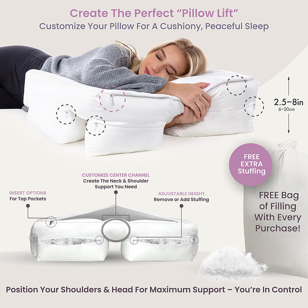 Vacuum-sealed pink Wife Pillow with 50% White Goose Down Feather & 50% Siliconized Fiber Filled stuffing, adjustable tunnels & 101 day guarantee