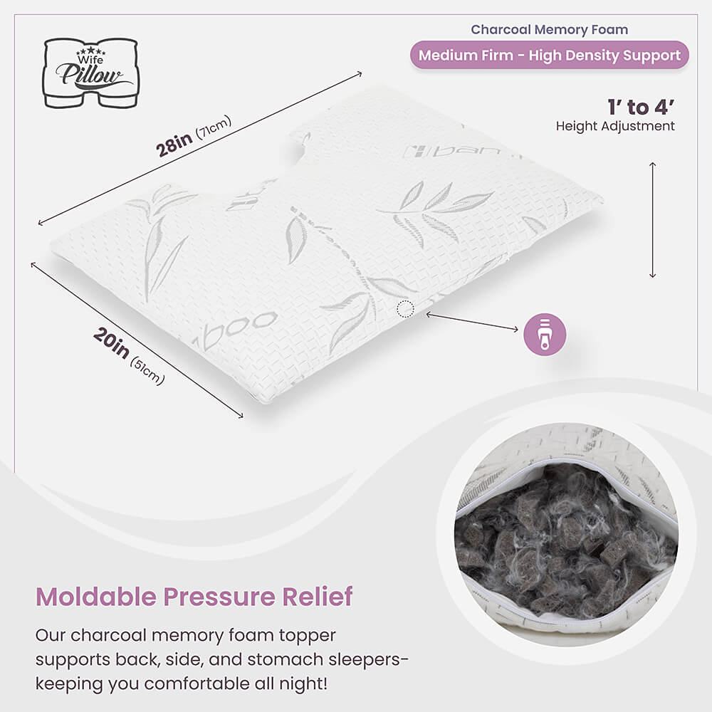 Bamboo Charcoal Shredded Memory Foam topper for Wife Pillow, provides comfort & support. Easy to add, remove & wash. Enjoy luxury hotel feel.