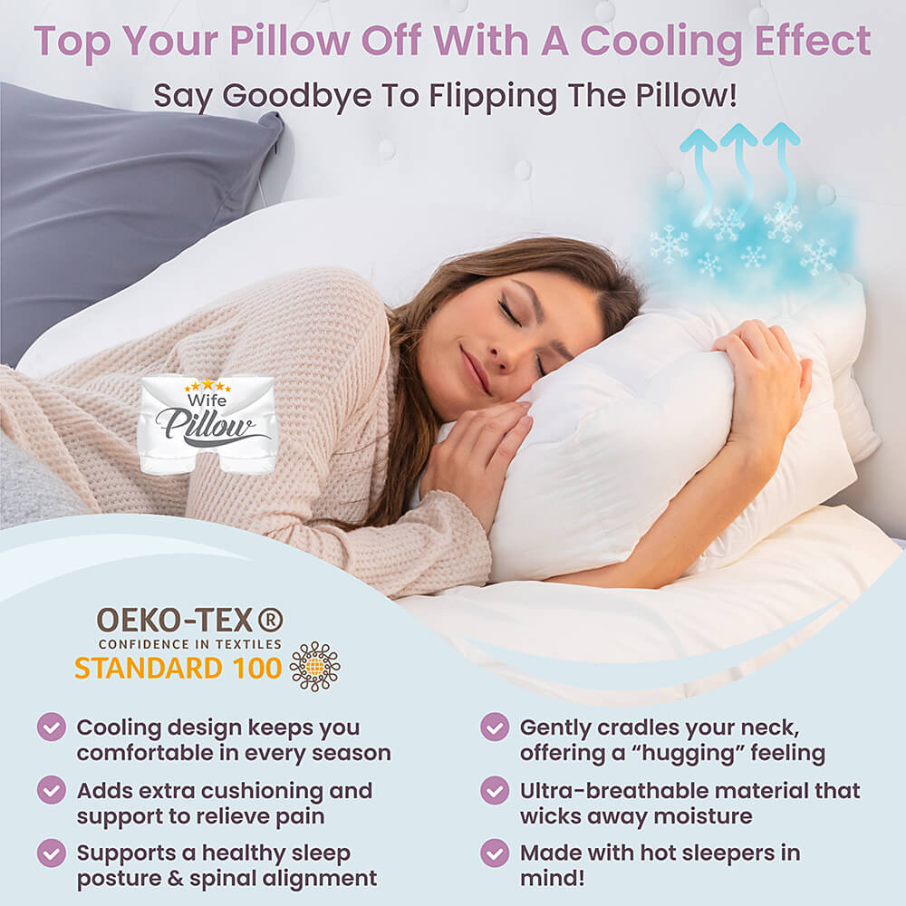 Shredded memory foam bamboo topper for Wife Pillow, provides cooling comfort and pain relief.