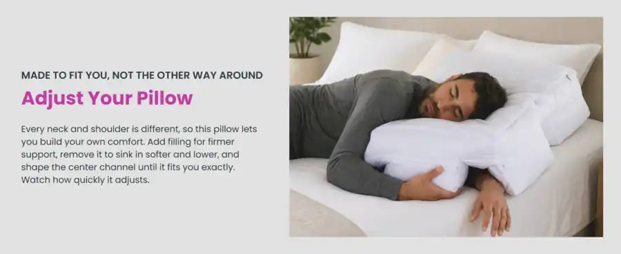 Adjust your pillow: add fill for a firmer feel, take some out to sink lower, and shape the center channel to fit you, memory foam (charcoal)