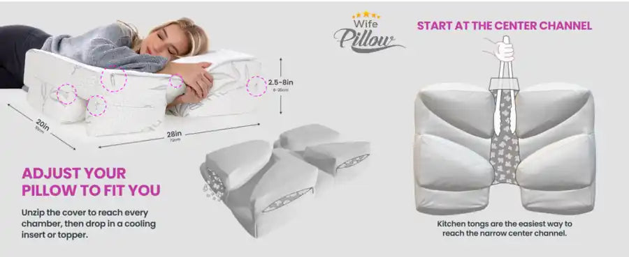 Adjust your pillow to fit you: unzip the cover to reach every chamber, and start at the center channel with kitchen tongs, memory foam (charcoal)