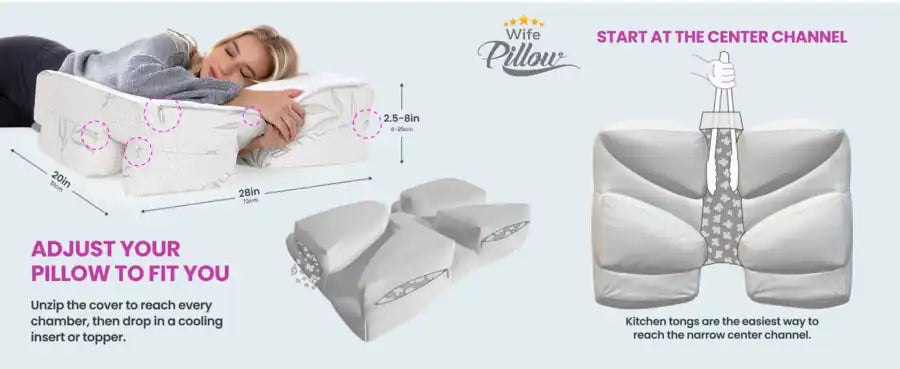 Adjust your pillow to fit you: unzip the cover to reach every chamber, and start at the center channel with kitchen tongs, cooling memory foam
