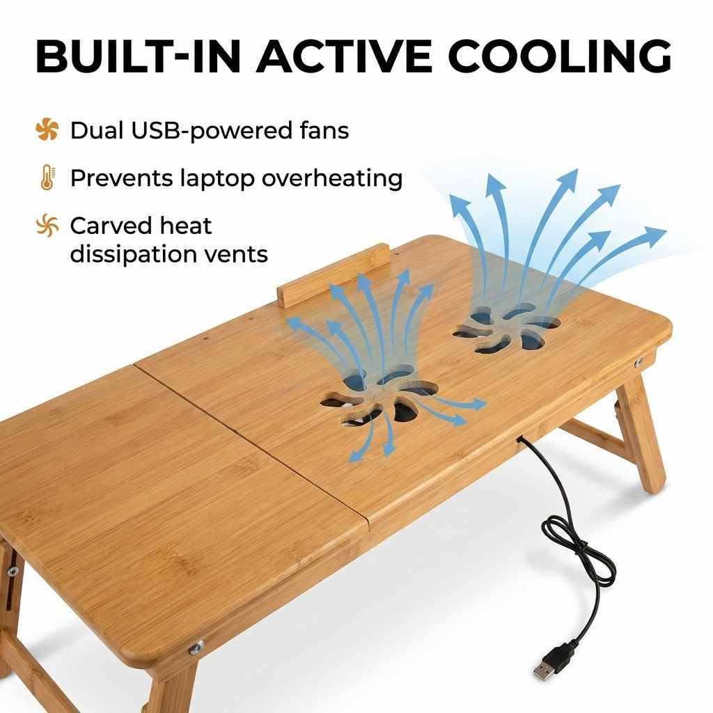 Bamboo Wood Laptop Desk - Multi-functional Laptop & Reading Stand with Internal Cooling Fa - view 2