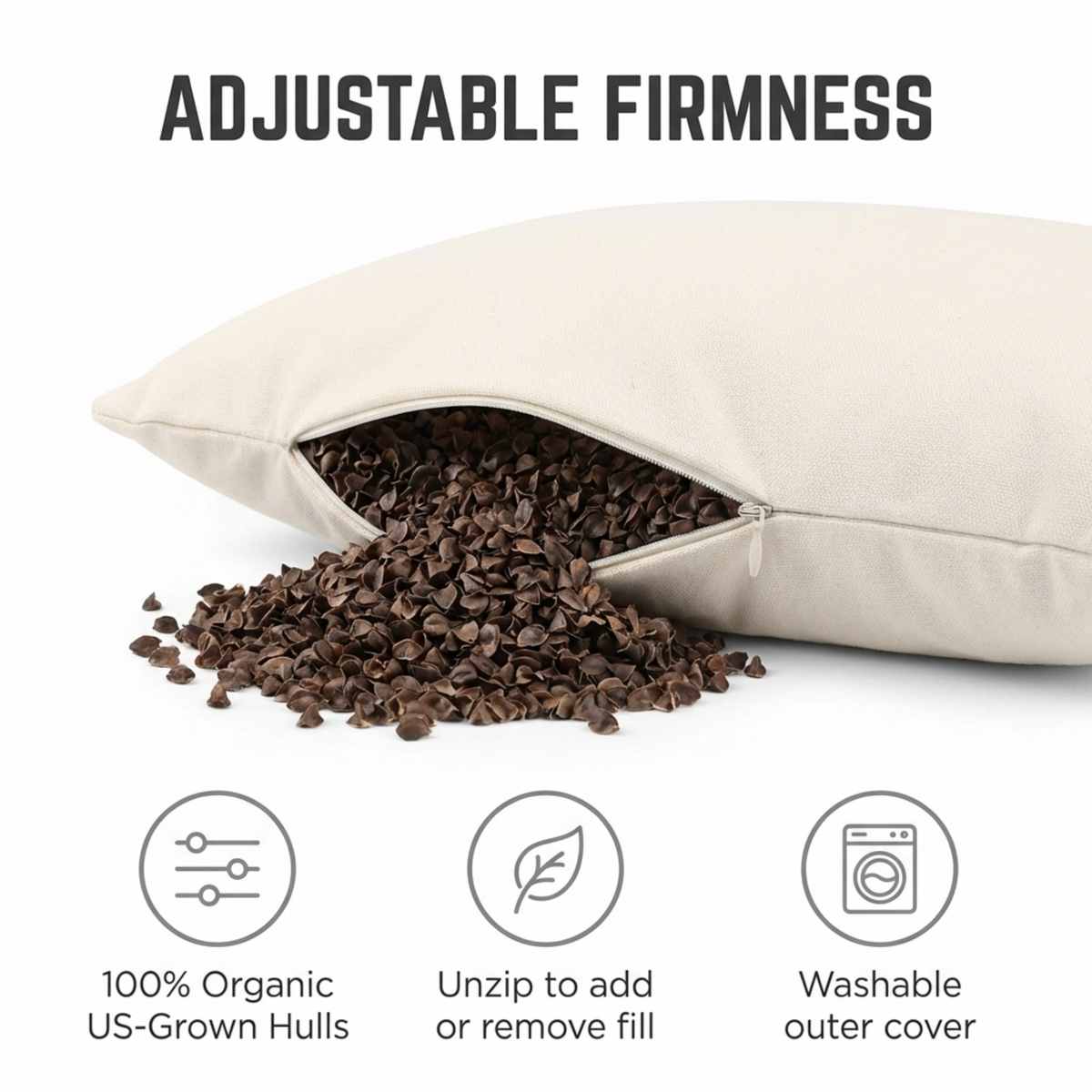 Organic Buckwheat Hull Bed Pillow - Stress And Neck Tension Relief - Bed Pillow, Cream - view 4