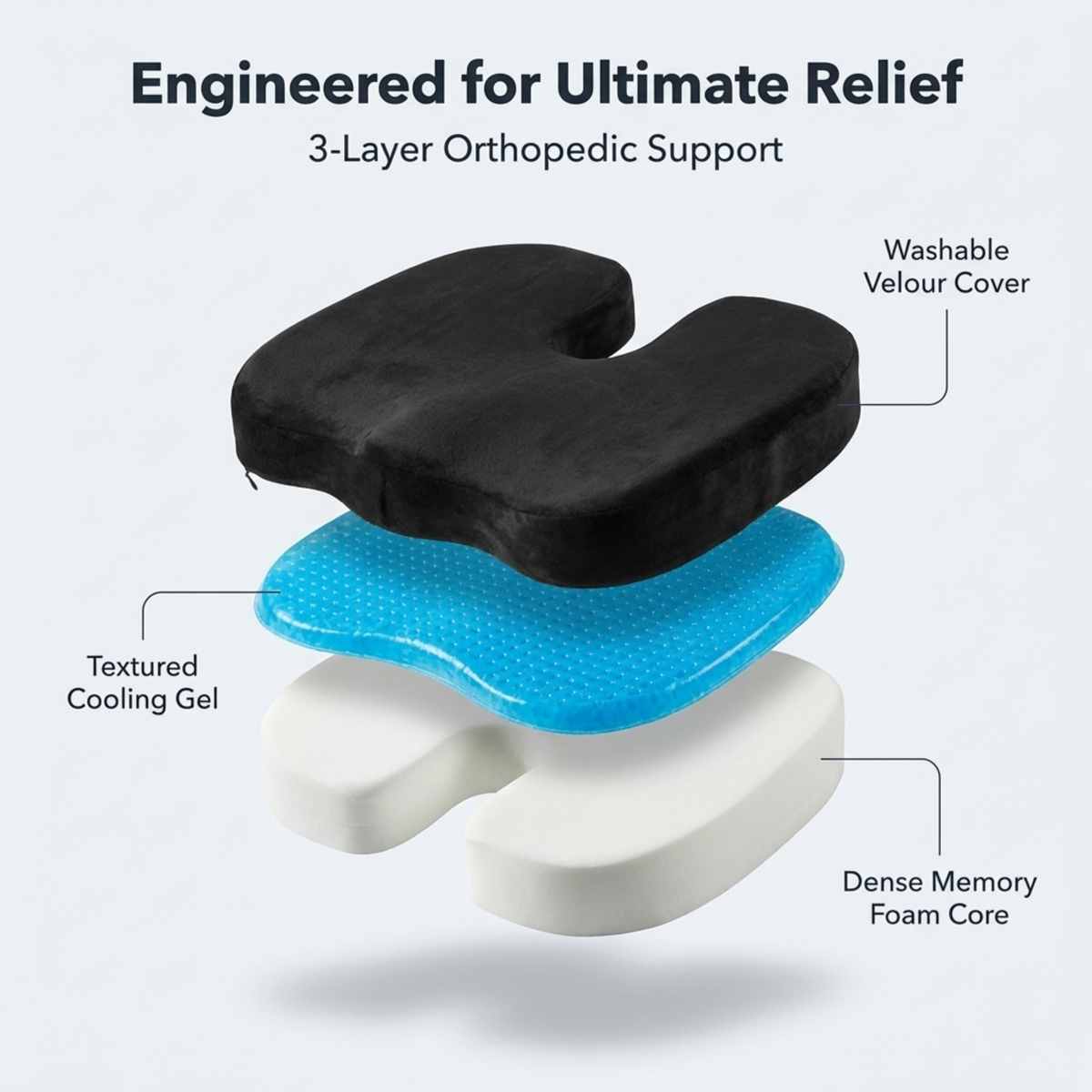 Coccyx Orthopedic Gel Enhanced Comfort Foam - Sciatica Relief - Seat Cushion - view 3
