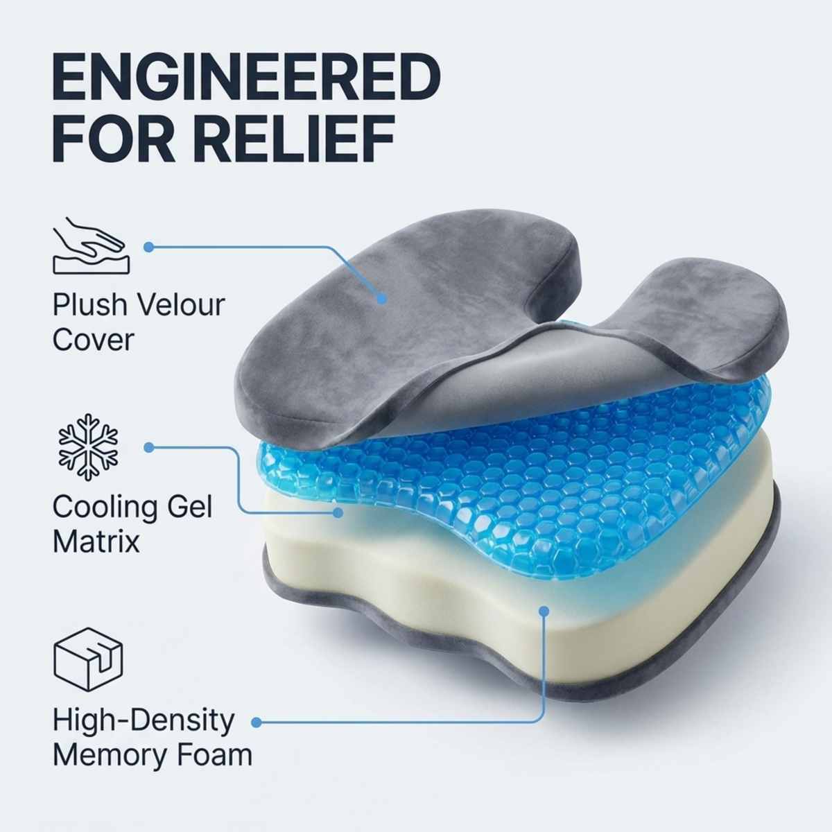 Coccyx Orthopedic Gel Enhanced Comfort Foam - Sciatica Relief - Seat Cushion - view 4
