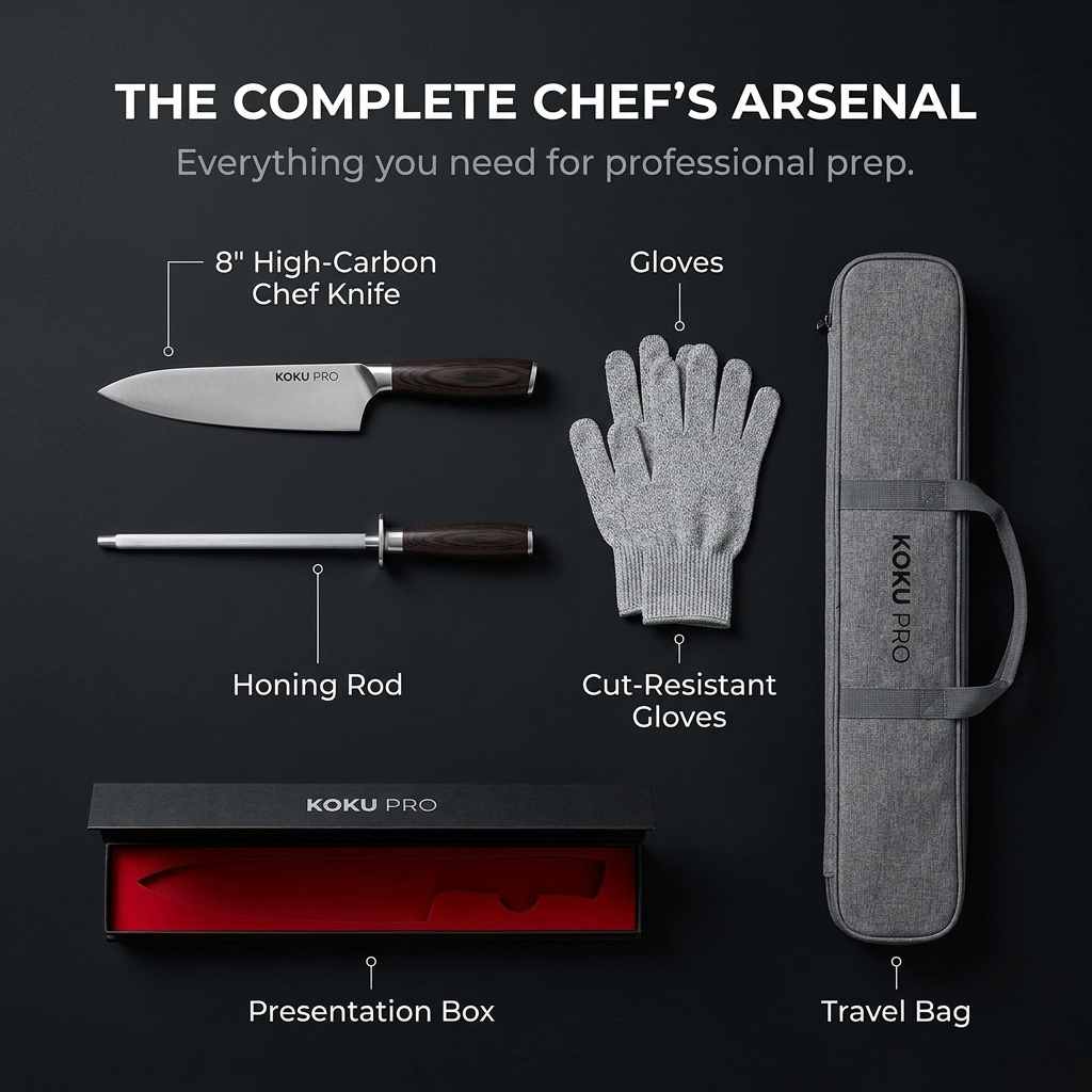 Koku Pro Japanese Knife - Pro 8" Sharp Chef Knife - Kevlar Gloves - Knife Set - view 2