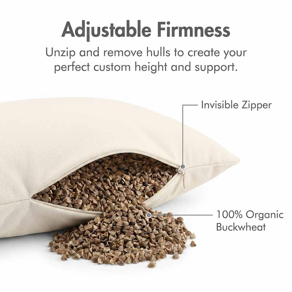 Organic Buckwheat Hull Bed Pillow - Stress And Neck Tension Relief - Bed Pillow, Cream - view 6