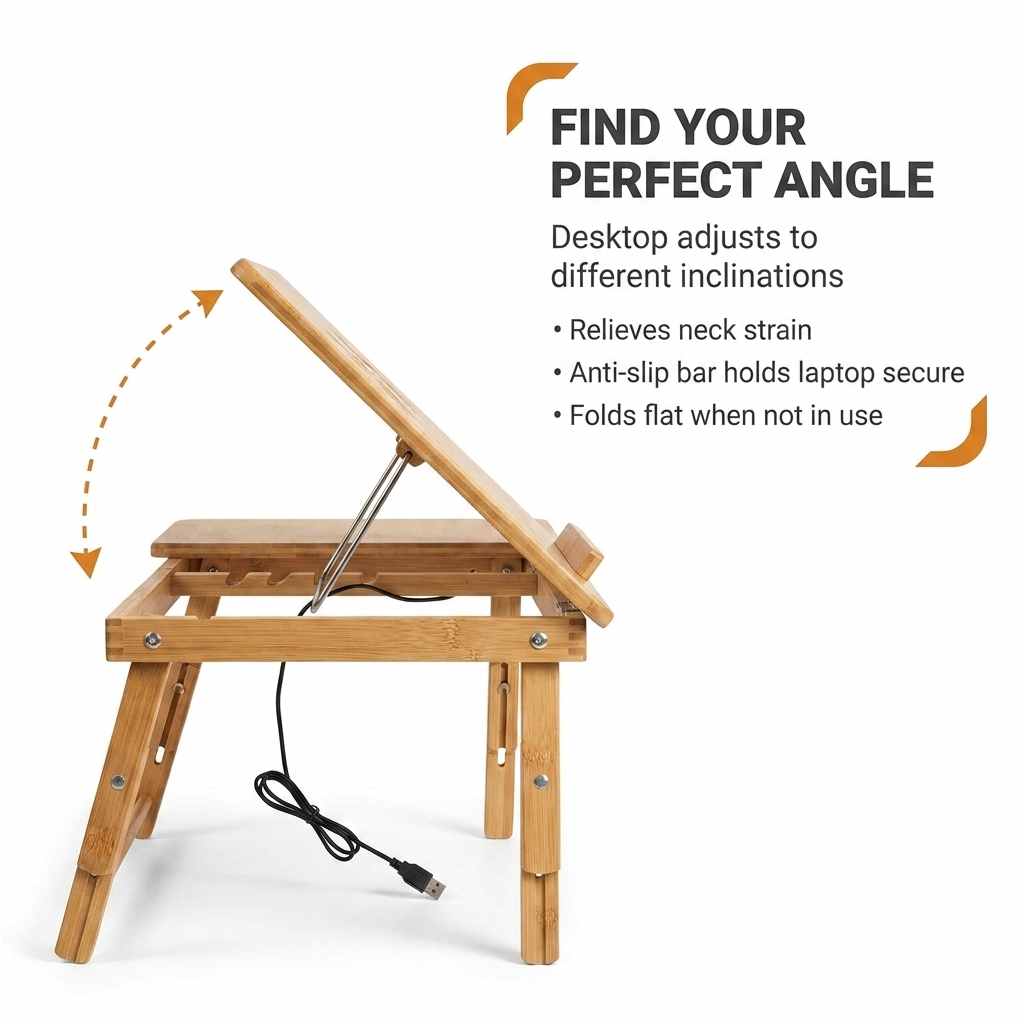 Bamboo Wood Laptop Desk - Multi-functional Laptop & Reading Stand with Internal Cooling Fa - view 3