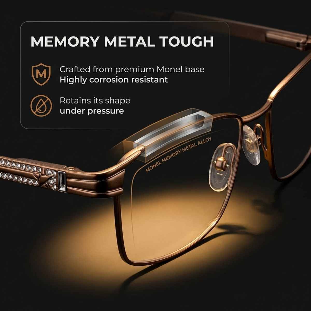 Women's Rectangle Eyeglasses, Distressed Bronze | Memory Metal - 3
