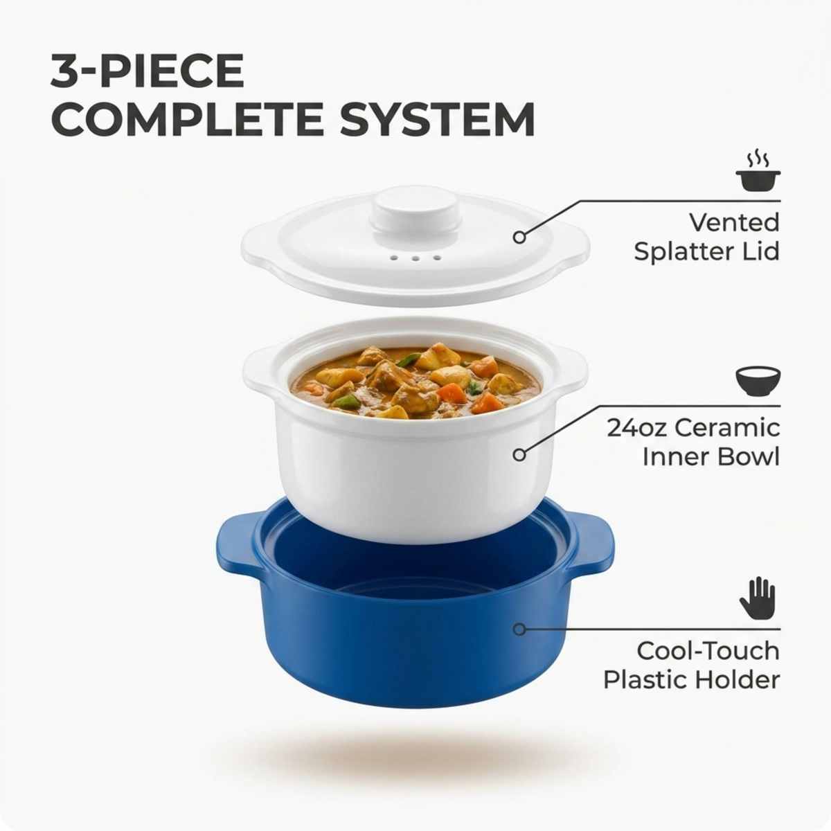 Hitnotion-Touch Microwave-Safe 3-Piece Bowl Set, 24 oz, Blue - view 3