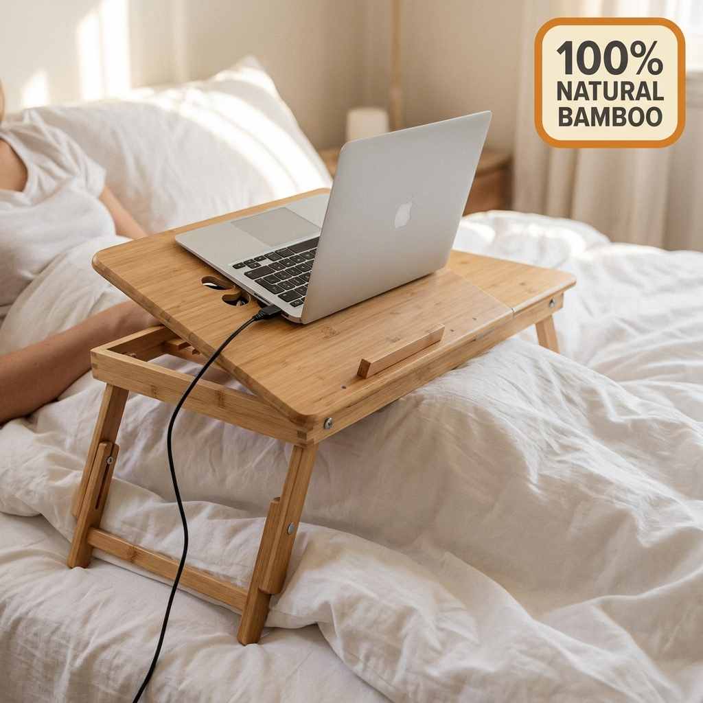 Bamboo Wood Laptop Desk - Multi-functional Laptop & Reading Stand with Internal Cooling Fa - view 5