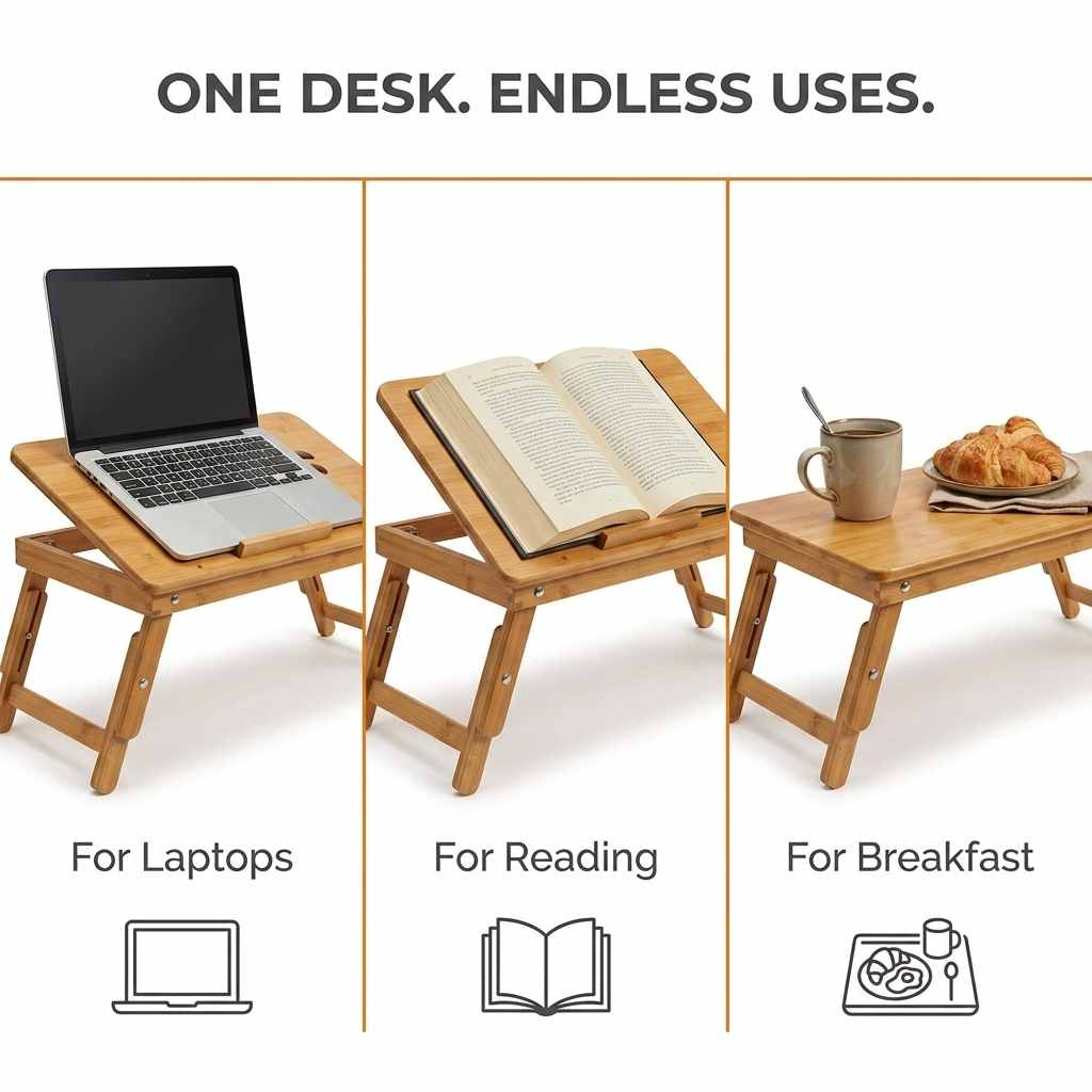 Bamboo Wood Laptop Desk - Multi-functional Laptop & Reading Stand with Internal Cooling Fa - view 6