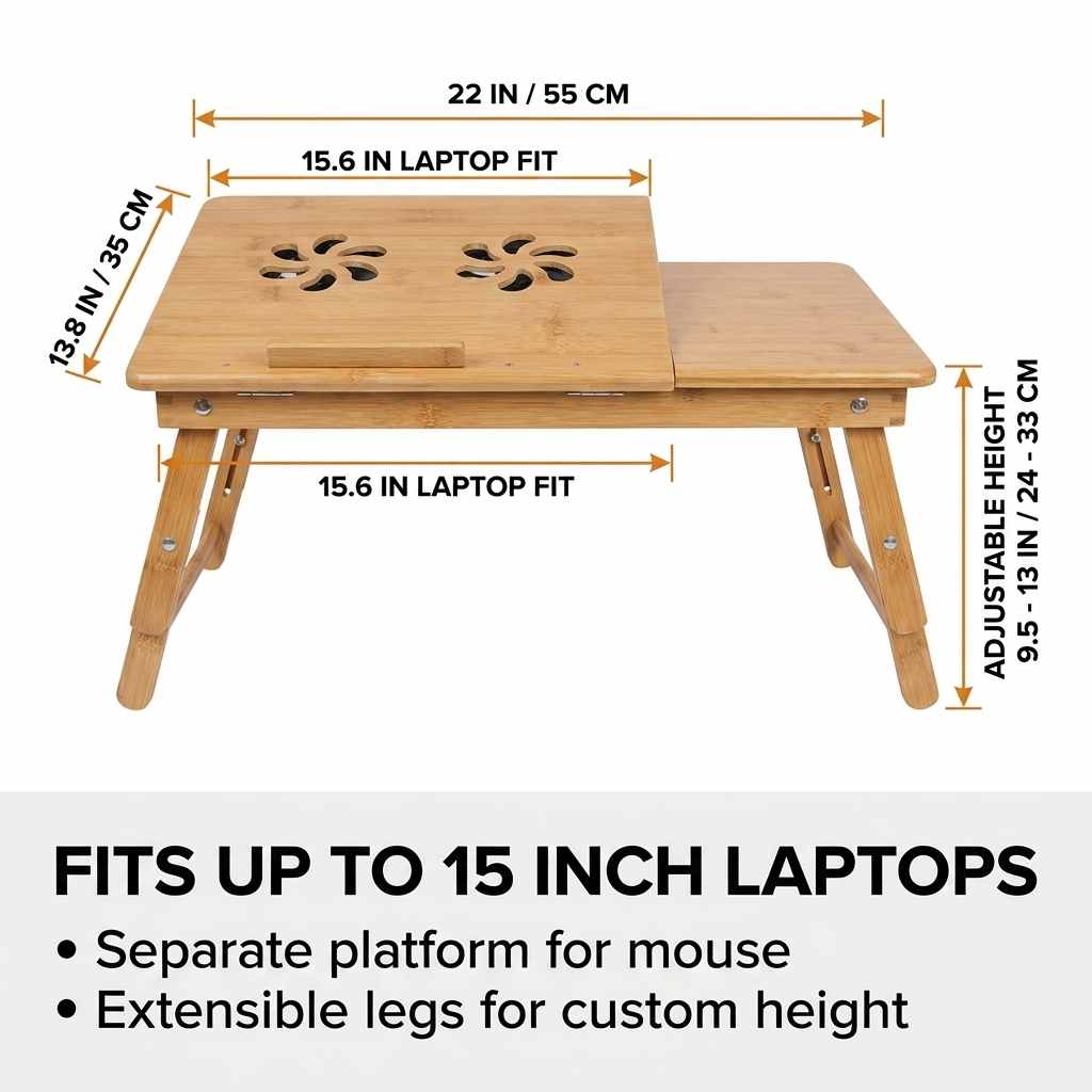 Bamboo Wood Laptop Desk - Multi-functional Laptop & Reading Stand with Internal Cooling Fa - view 7