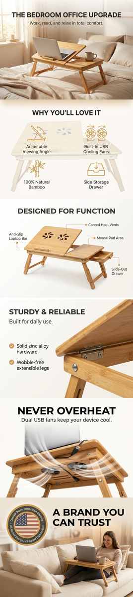 Bamboo Wood Laptop Desk - Multi-functional Laptop & Reading Stand with Internal Cooling Fa - view 8
