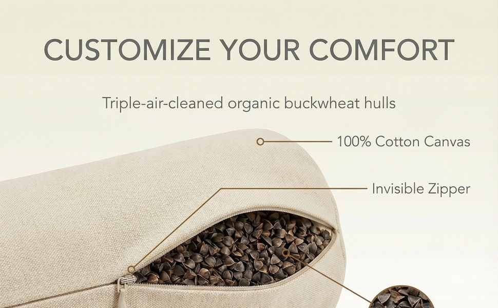 Organic Buckwheat Hull Bed Pillow - Stress And Neck Tension Relief - Bed Pillow, Cream - view 44