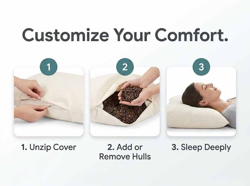 Organic Buckwheat Hull Bed Pillow - Stress And Neck Tension Relief - Bed Pillow, Cream - view 52