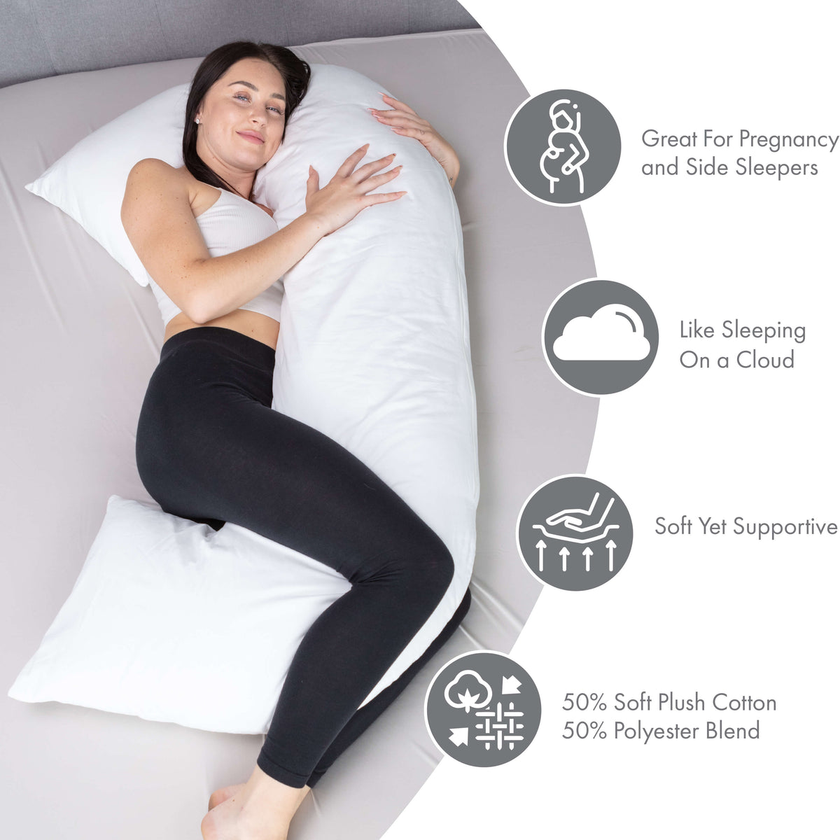 C-Shaped Full Body Pillow - Hypoallergenic Synthetic Fiber Fill - Unique Letter C Design - Body Pillow, White