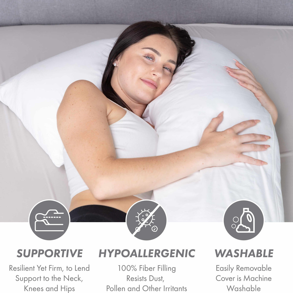 C-Shaped Full Body Pillow - Hypoallergenic Synthetic Fiber Fill - Unique Letter C Design - Body Pillow, White