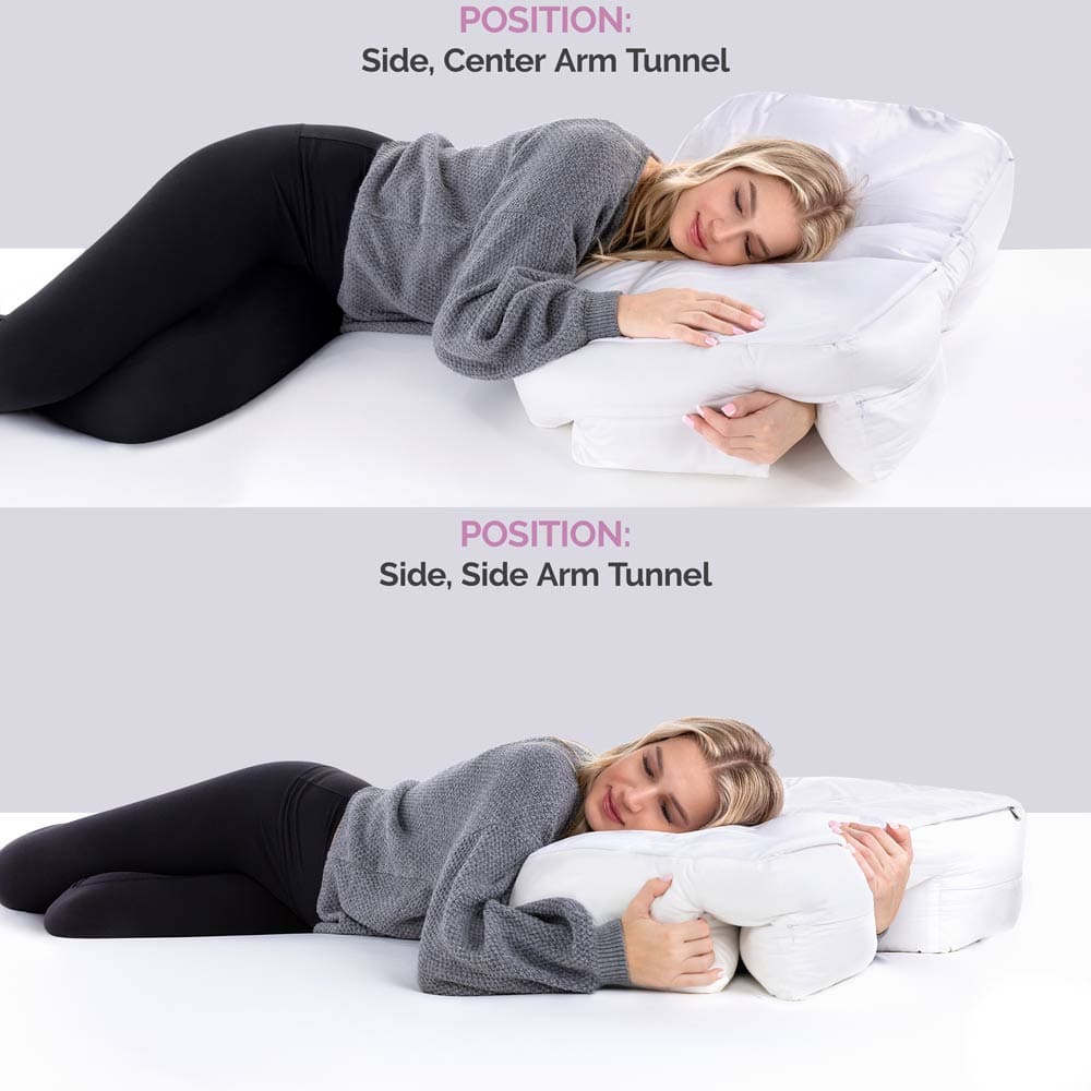 Diagonal Arm Tunnel and Center Arm Tunnel Pink Wife Pillow gift box with innovative arm hole design, adjustable height, and 101-day money back promise