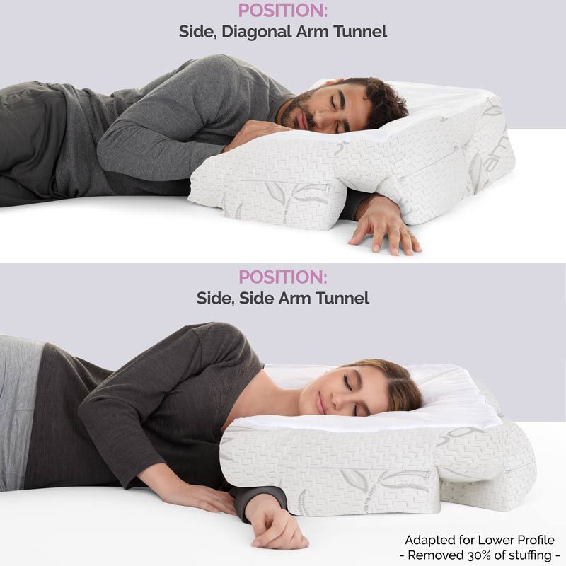Diagonal Arm Tunnel Pink Wife Pillow in gift box, air-sealed with Cooling Memory Foam, VIP invite, 101-day guarantee, perfect for side sleepers & neck support.