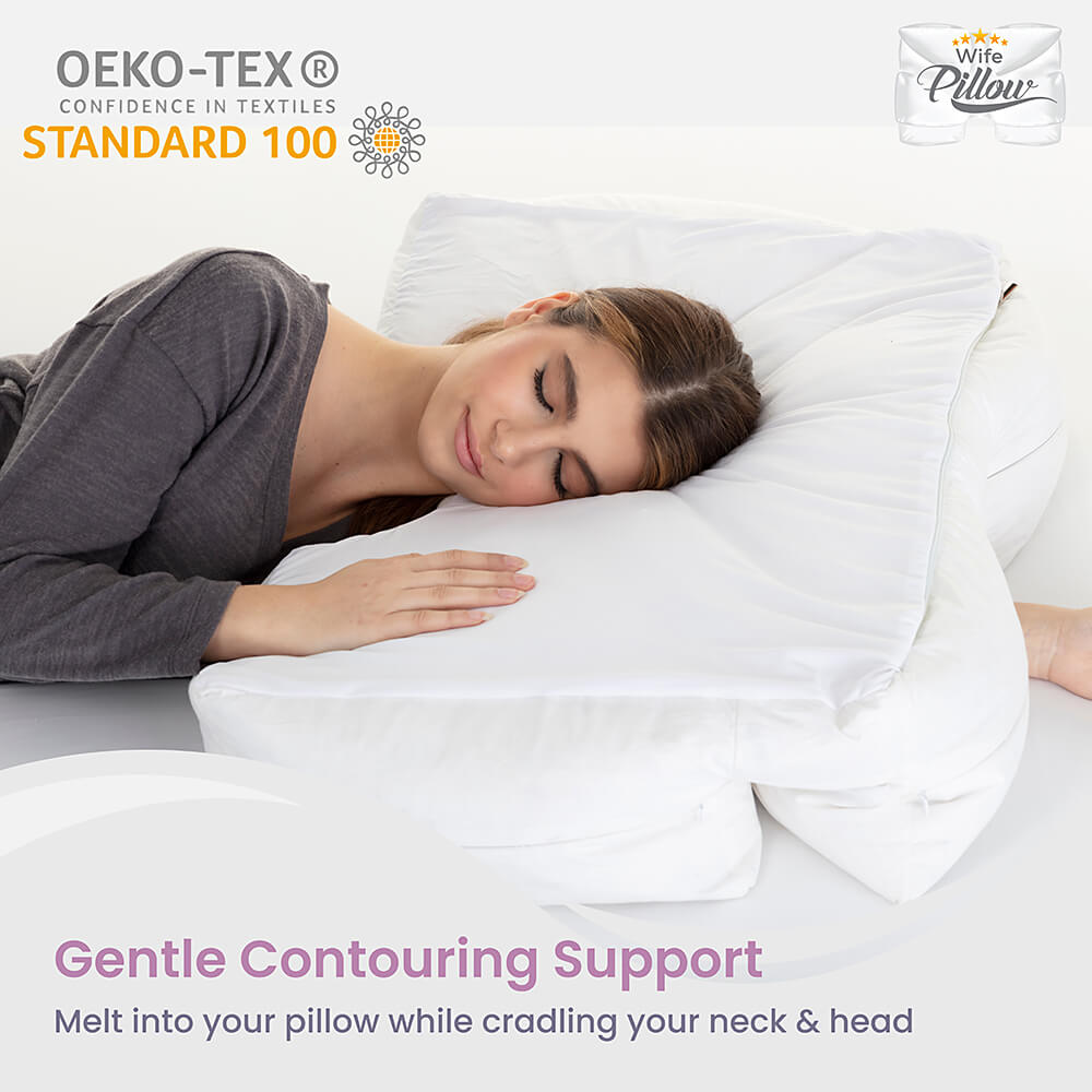 Certipur-US certified memory foam topper for Wife Pillow with OEKO-TEX 100 shell.