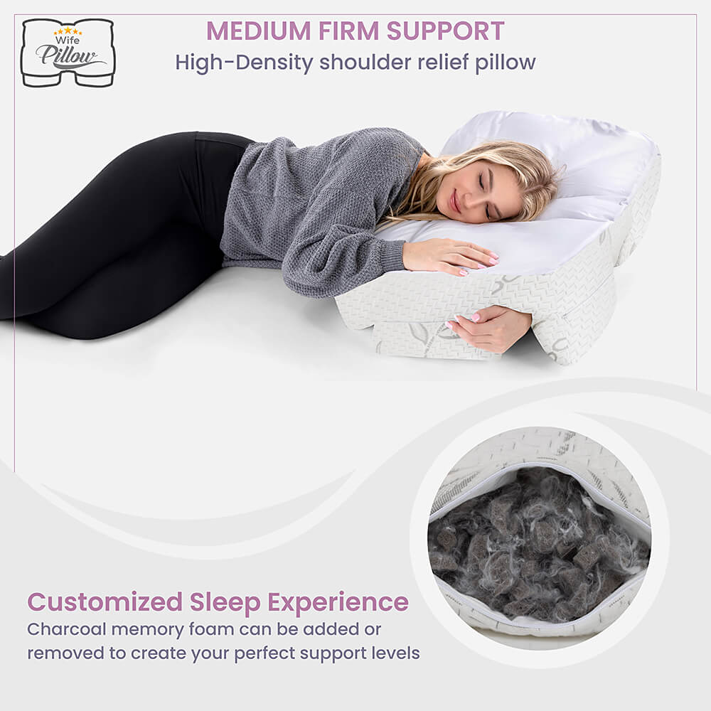 Multi-Arm Poistioning Pillow For All Seepers with Shredded high density memory foam pillow in pink gift box, Certipur-US certified, VIP program, 101 day money back guarantee