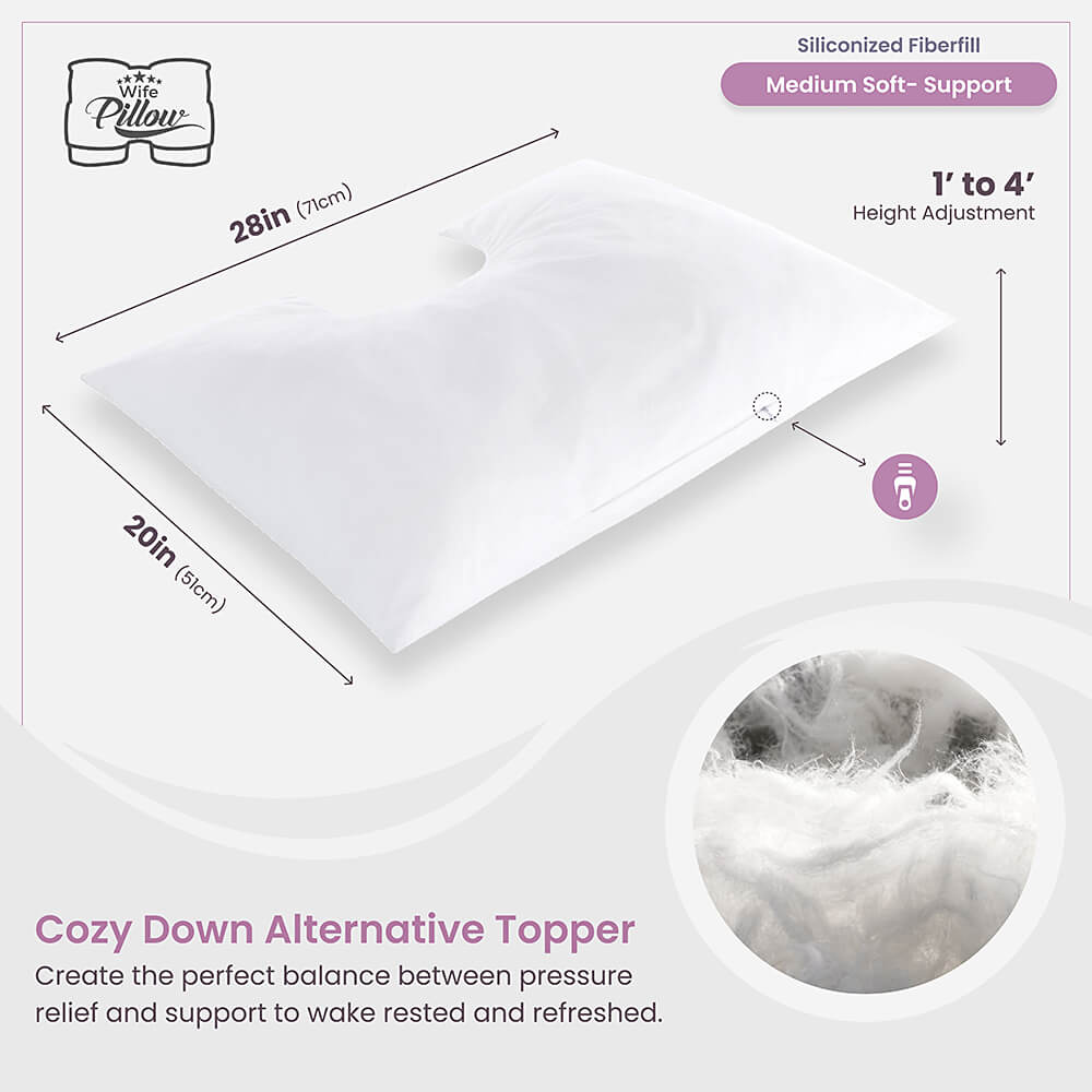 Down Alternative Siliconized Fiber Fill Topper for Wife Pillow, customizable plush comfort for a refreshing sleep.
